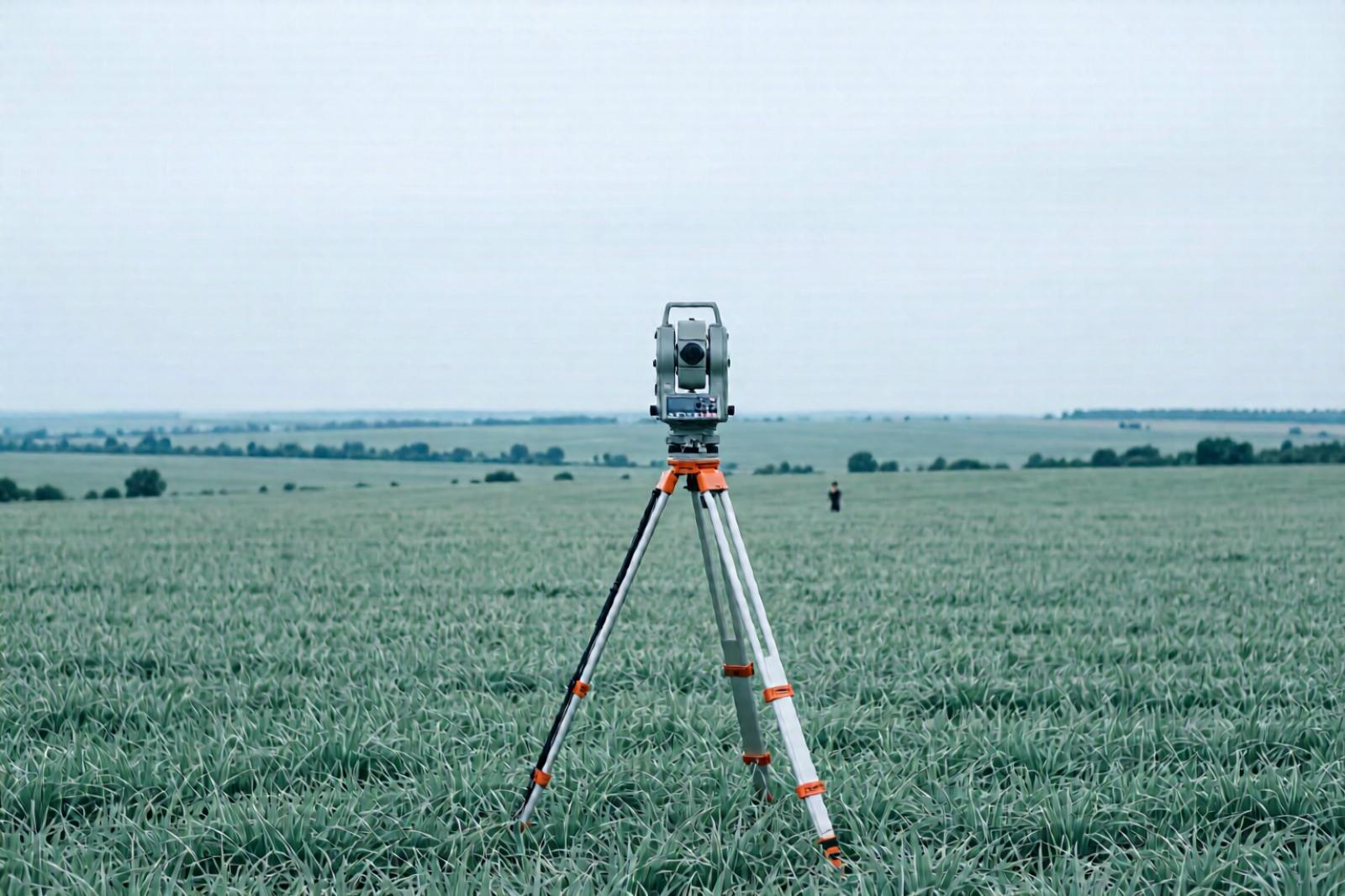Геодезист с GNSS-приёмником на треноге в поле, инвентаризация земель
